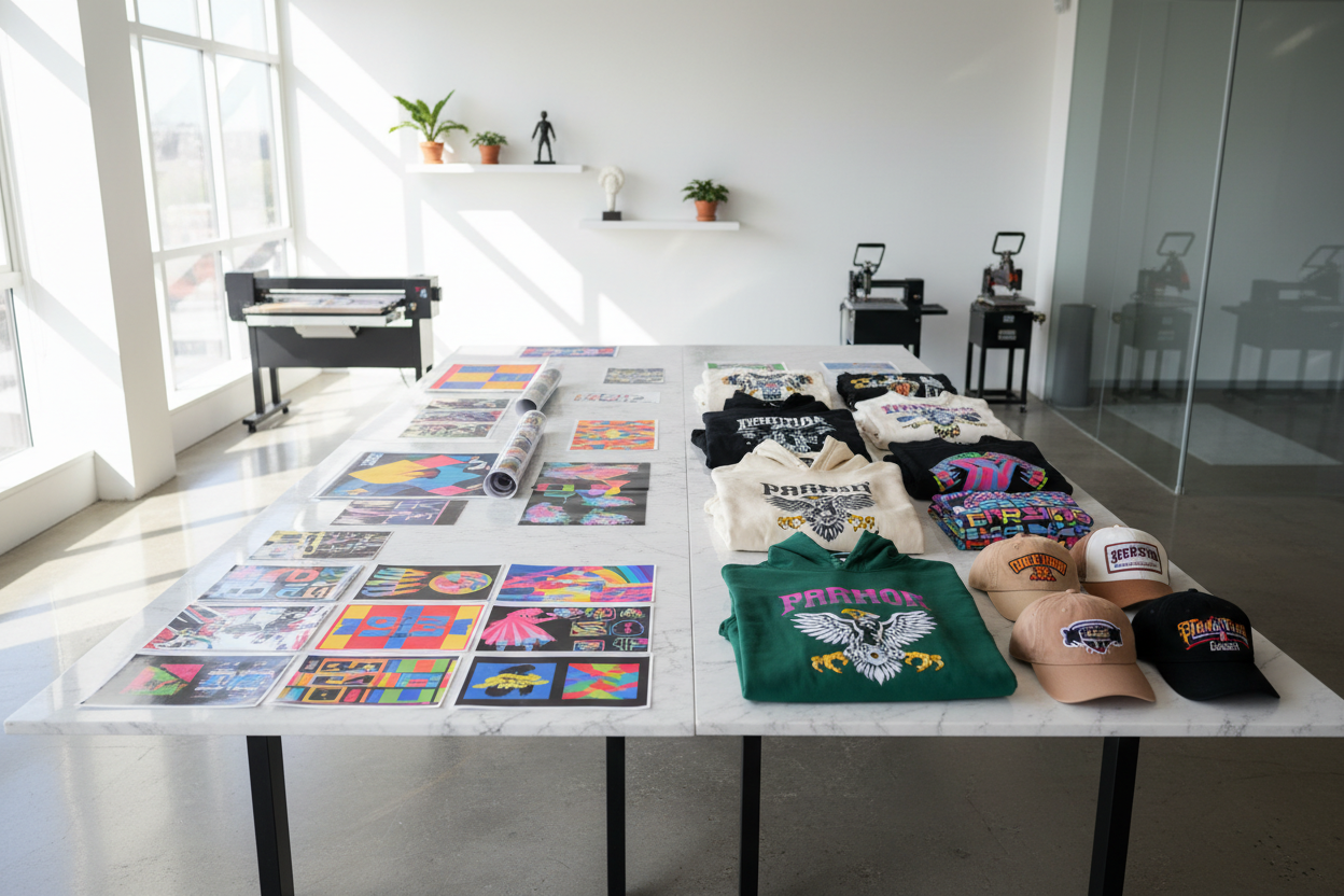 an upscale office studio that features DTF prints on a table with some trendy streetwear apparel options across a table